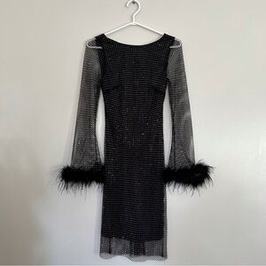 Le Chateau Black Mesh Dress with Feather Accents